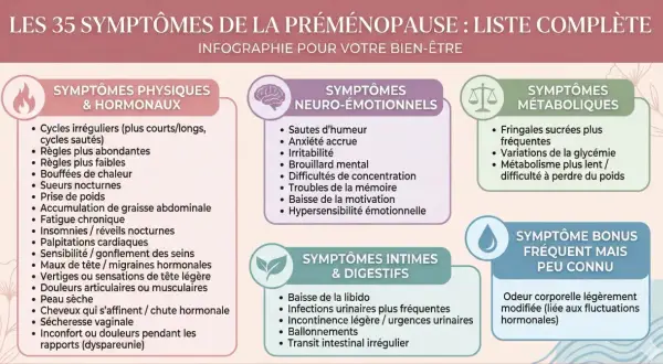 Prémenopause : mal au ventre, ballonnements, transit intestinal irrégulier. L'infographie liste 35 symptômes, dont des troubles digestifs.