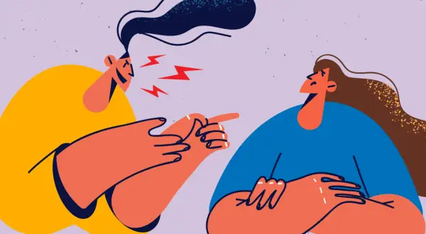 Dwie kobiety w trakcie kłótni, jedna wskazuje palcem, druga słucha. Ilustracja do rozprawki o przyjaźni.