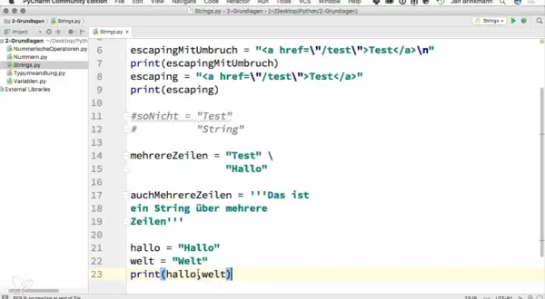 Code Python affichant la concaténation de chaînes de caractères, avec des exemples de chaînes sur plusieurs lignes et d'échappement.