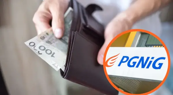 Dłonie wkładają banknot 100 zł do portfela, obok logo PGNiG.