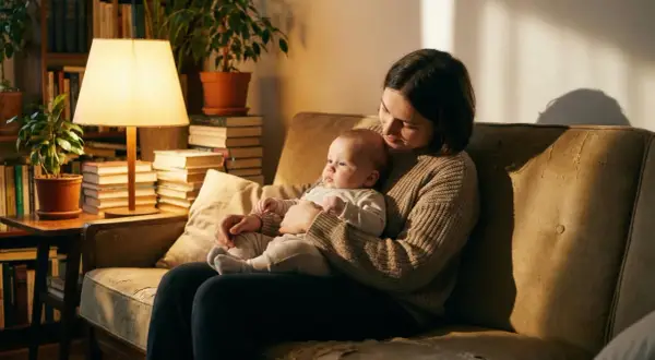 Kobieta tuli dziecko na kanapie w przytulnym pokoju z książkami i roślinami.