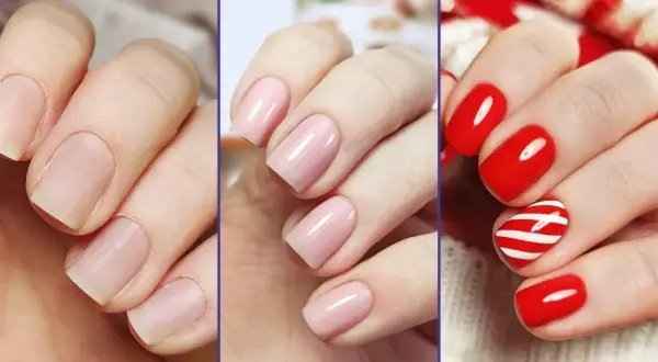 Trzy etapy manicure: naturalne paznokcie, różowy hybrydowy, czerwony hybrydowy z paskami.