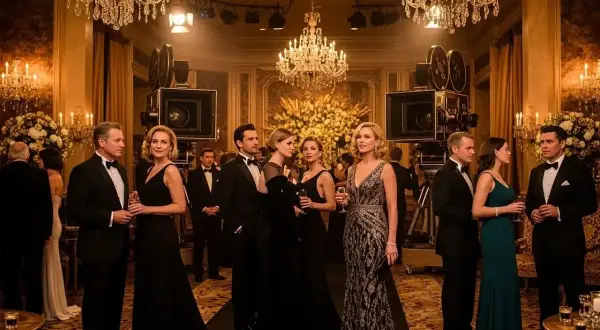 Elegancka gala w stylu hollywoodzkim. Gwiazdy w wieczorowych kreacjach pozują przy zabytkowych kamerach, w blasku kryształowych żyrandoli.