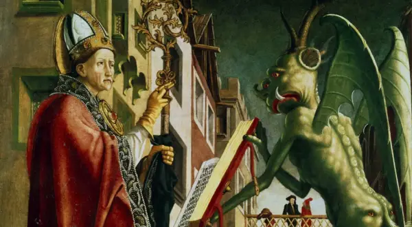 Ein Bischof hält einen Schlüssel, während ein grünes Wesen, das an einen satanistischen Dämon erinnert, ein Buch hält.