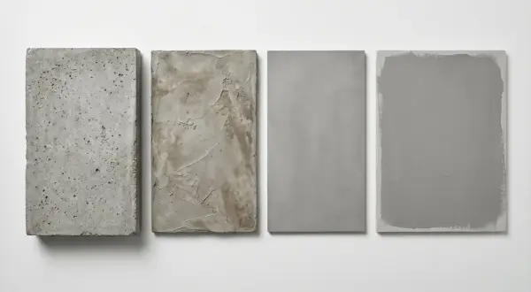 Cztery płyty prezentujące ciekawe efekty na ścianie: surowy beton, tynk strukturalny, gładki beton i beton pomalowany.