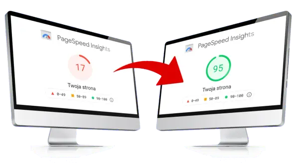 Wynik PageSpeed Insights z 17 na 95 po optymalizacji stron internetowych. Czerwona strzałka pokazuje poprawę.