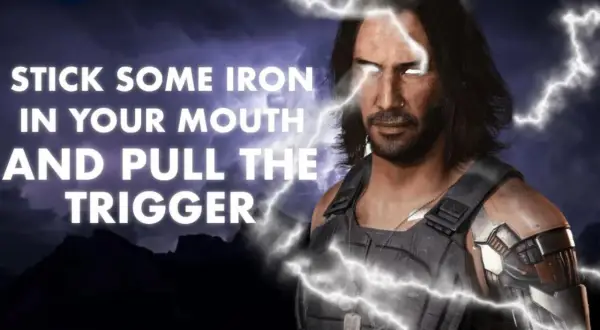 Johnny Silverhand cytaty: "Stick some iron in your mouth and pull the trigger." Mroczny, burzowy krajobraz i błyskawice podkreślają jego postać.