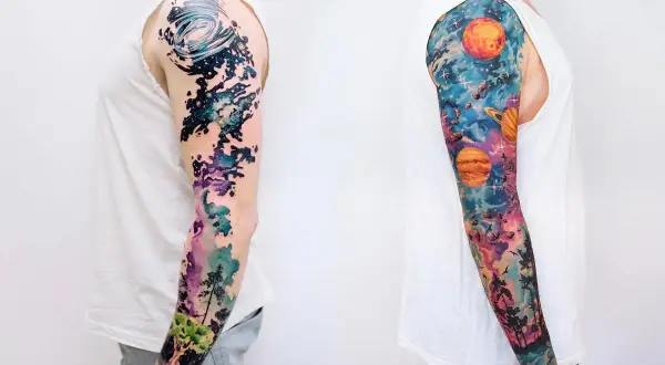 Zwei Arm-Sleeves mit Weltraum-Motiven: links abstrakt, rechts mit Planeten und Bäumen.