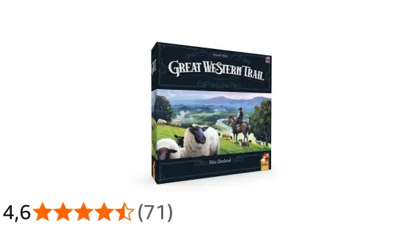 Gra planszowa "Great Western Trail Nowa Zelandia" z owcami i pasterzem na koniu na tle malowniczego krajobrazu.