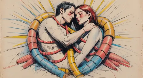 Pareja abrazada, envuelta en un corazón de tubos y cuerdas rojas, sugiriendo un amor obsesivo.