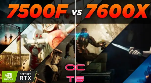 Vergleich: Ryzen 5 7500F vs Ryzen 5 7600X. Gaming-Szenen mit Nvidia GeForce RTX.