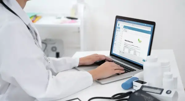 Lekarz wpisuje dane do formularza "Medical History Form", przygotowując przedłużenie zwolnienia lekarskiego z wyprzedzeniem.