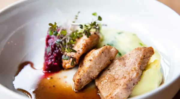 Soczysta polędwica wieprzowa z airfryer, podana z purée ziemniaczanym i buraczkami, udekorowana świeżymi ziołami.