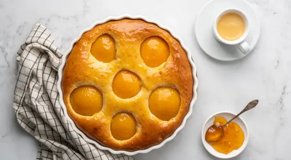 La torta alle pesche della nonna, dorata e profumata, con pesche succose incastonate nell'impasto soffice. Accompagnata da un caffè e marmellata.