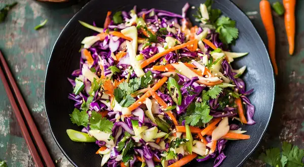 En färgglad asiatisk sallad med rödkål, morötter och koriander, toppad med sesamfrön. Perfekt som tillbehör eller lätt lunch.