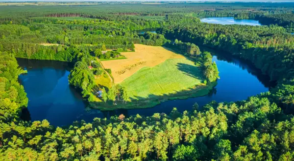 Malownicze Bory Tucholskie z lotu ptaka: ciemne jezioro otoczone gęstym lasem, pole uprawne i niewielka osada.