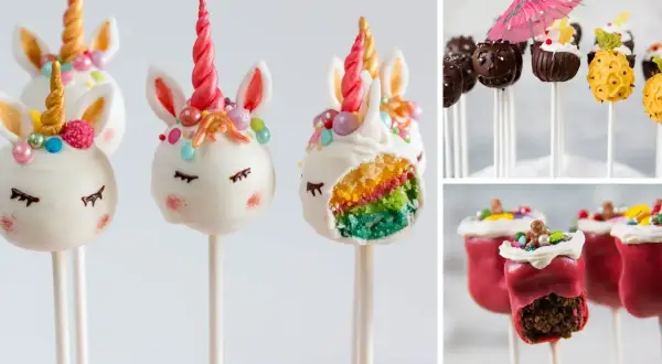 Bunte Cake Pops: Einhörner mit Regenbogenfüllung, Schoko-Gesichter, Ananas und rote Beeren-Kreationen.