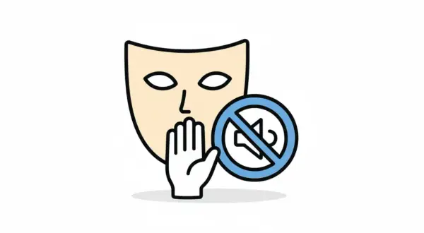 Eine Maske mit einer Hand vor dem Mund und einem durchgestrichenen Lautsprechersymbol. Das Symbol erklärt, was ist Scharade: Stille ist gefragt!