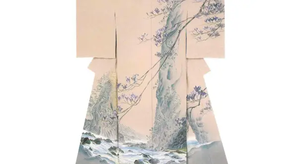 A kimono adorned with exquisite Japanese paintings of a serene landscape, featuring a rocky stream and delicate purple blossoms cascading down a cliff.