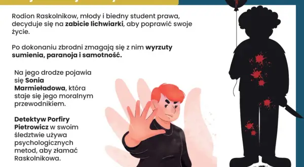 Ilustracja przedstawia sylwetkę z plamami krwi, rękę w geście obrony i balon z krwawą dłonią.