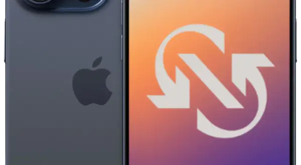 Tył iPhone'a 15 Pro z logo Apple obok gradientowego tła z symbolem odświeżania.
