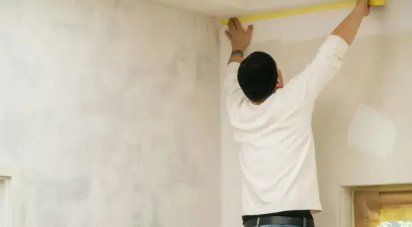 Uomo con cappello nero applica nastro giallo al soffitto, preparando la parete con un effetto jeans.
