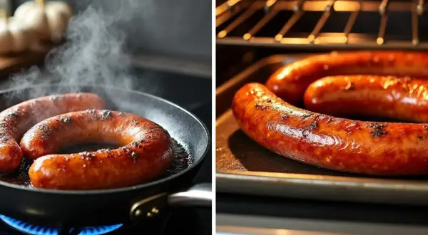Saucisses andouillettes grésillant dans une poêle et au four, dégageant une vapeur appétissante.