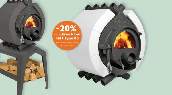 Zwei Bullerjan Öfen, Typ 00, 6 kW Zulassung. Einer in Anthrazit mit Holz, der andere in Weiß mit Rabattangebot.