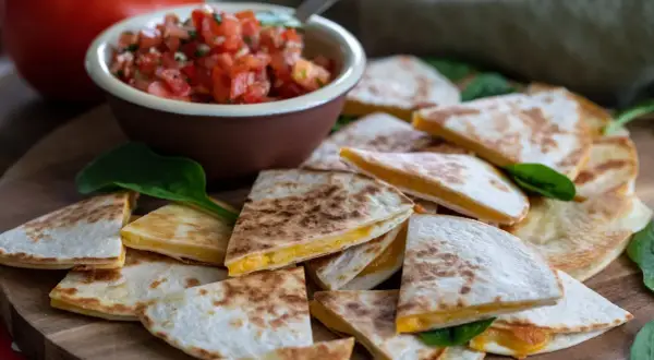 En hög med gyllene, ostiga quesadillas, perfekta för ett snabbt quesadillas recept. Serveras med en skål färsk pico de gallo.