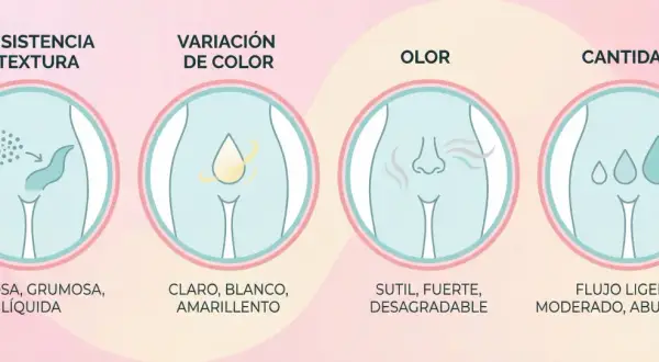 Ilustración de los tipos de flujo vaginal: consistencia, color, olor y cantidad. Se describen las variaciones normales y las que podrían indicar un problema.