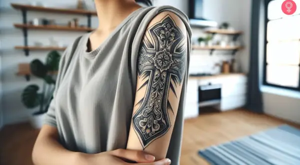 Un detallado tatuaje chicano brazo con una cruz ornamentada.