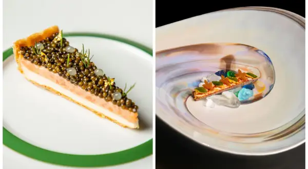 Pastel de salmón con caviar y láminas de oro, digno de una estrella Michelin. Otro plato con un toque artístico y piedras de colores.
