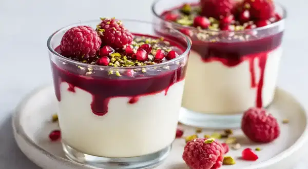Två glas med krämig dessert, toppad med hallon, granatäpple och pistagenötter. Perfekt dessert nyårsafton!