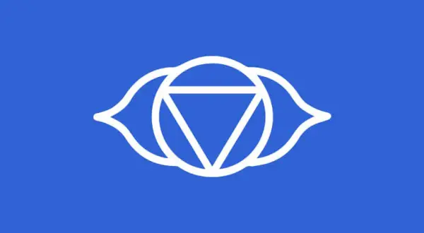 Símbolo blanco del ajna chakra, el tercer ojo, sobre fondo azul.
