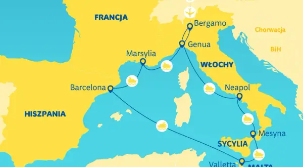 Mapa przedstawia rejs po Morzu Śródziemnym: Barcelona, Marsylia, Genua, Neapol, Sycylia, Malta.