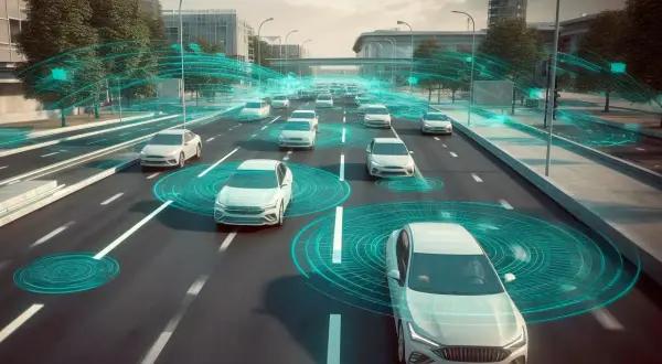 Coches blancos circulan por una autopista, conectados por redes de datos que representan sistemas ADA.