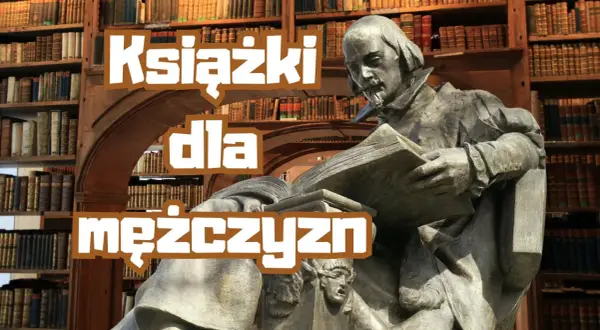Kamienna rzeźba mężczyzny czytającego książkę na tle regałów pełnych ksiąg. Idealna inspiracja na książkę dla mężczyzny.