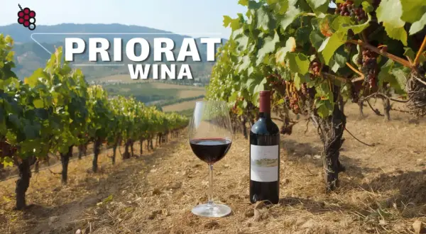 Winnica w Priorat, z butelką i kieliszkiem czerwonego wina na pierwszym planie.