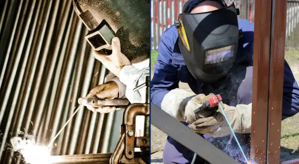 Spawanie elektrodą dla początkujących: dwie sceny, jedna z pracownikiem w masce spawalniczej, druga z mężczyzną w niebieskim kombinezonie, który spawa metal.