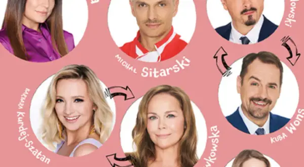 Portrety aktorów z filmu "O mało co" z podpisami i strzałkami wskazującymi relacje.