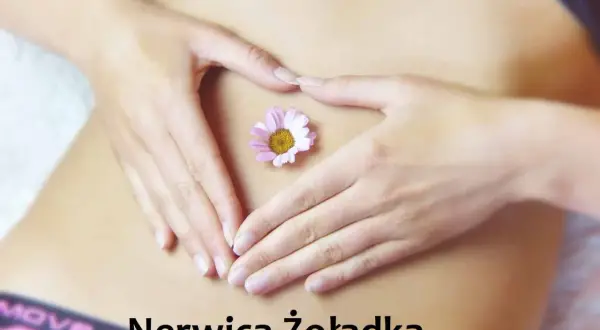 Dłonie tworzą serce na brzuchu, na którym leży kwiatek. Obraz symbolizuje nerwicę żołądka i potrzebę troski o siebie.
