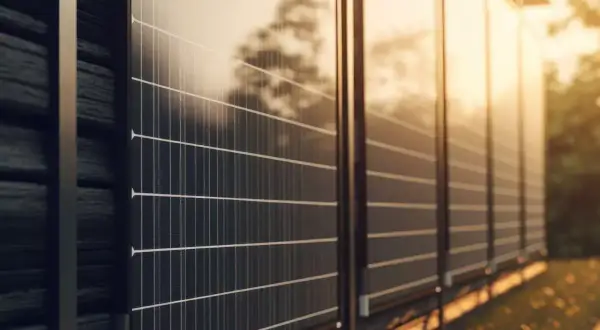 Nowoczesny płot z paneli fotowoltaicznych odbija ciepłe światło zachodzącego słońca, tworząc zieloną energię.