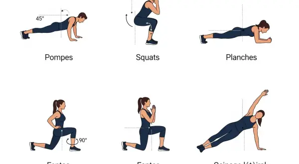 Illustrations de pompes, squats, planches, fentes et gainage latéral pour le renforcement musculaire à la maison.