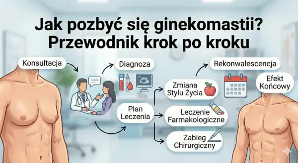 Ilustracja przedstawia proces leczenia ginekomastii: od konsultacji i diagnozy, przez zmianę stylu życia, leczenie farmakologiczne lub zabieg chirurgiczny, aż po rekonwalescencję i efekt końcowy.
