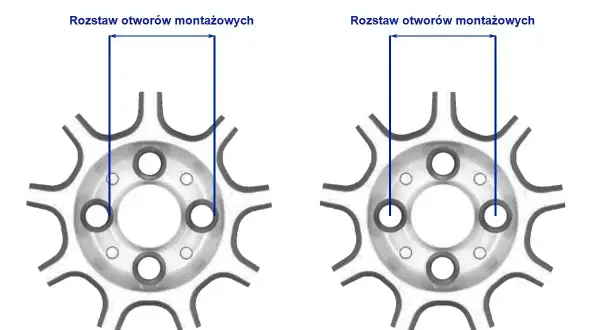 Dwa felgi z zaznaczonym rozstawem śrub montażowych. Różne rozstawy otworów.