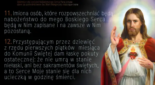Obietnice dla czcicieli Najświętszego Serca Pana Jezusa. Wizerunek Jezusa z otwartym Sercem, obok tekst obietnic, m.in. o łasce pokuty ostatecznej.