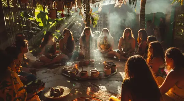 Grupa ludzi siedzi w kręgu, otoczona dymem i promieniami słońca, przygotowując się do ceremonii ayahuasca.