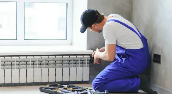 Instalator wykonuje podłączenie grzejnika od dołu. Obok leżą narzędzia.