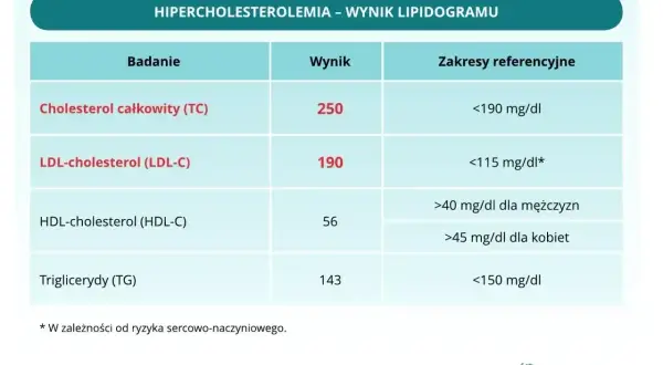Wynik lipidogramu: hipercholesterolemia co to jest? Podwyższony cholesterol całkowity (250) i LDL (190) wskazują na problem.