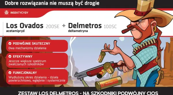 Kowboj z cygarem prezentuje zestaw Los Ovados i Delmetros 100SC, skuteczne rozwiązanie przeciw szkodnikom.